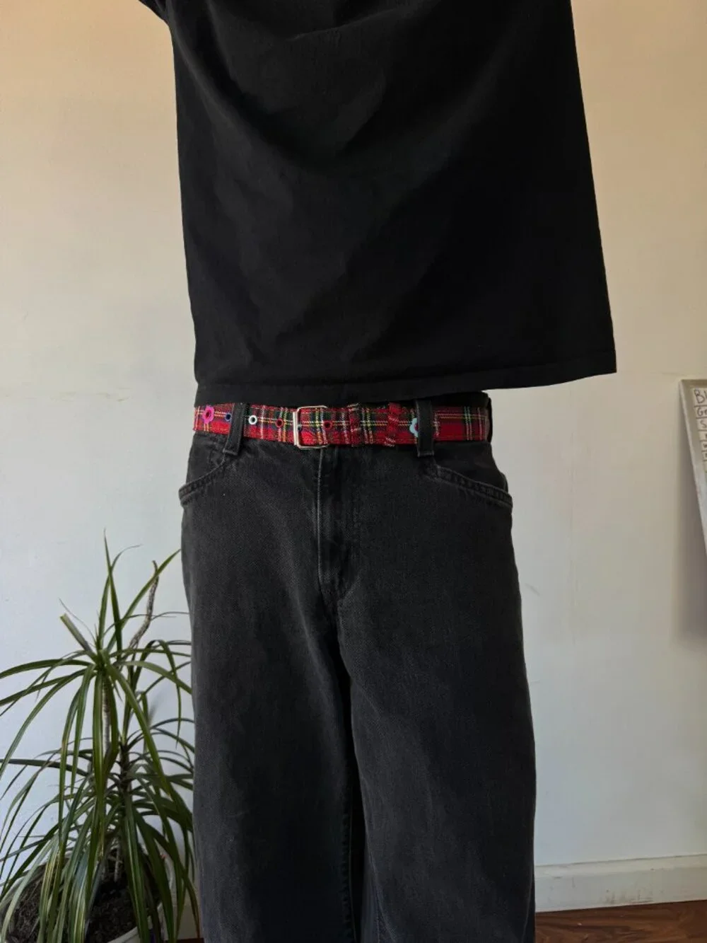 Red Plaid Floral Embroidered Eyelet Belt